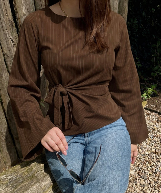Brown bow stripe top