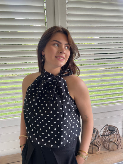 Polkadot halter top black